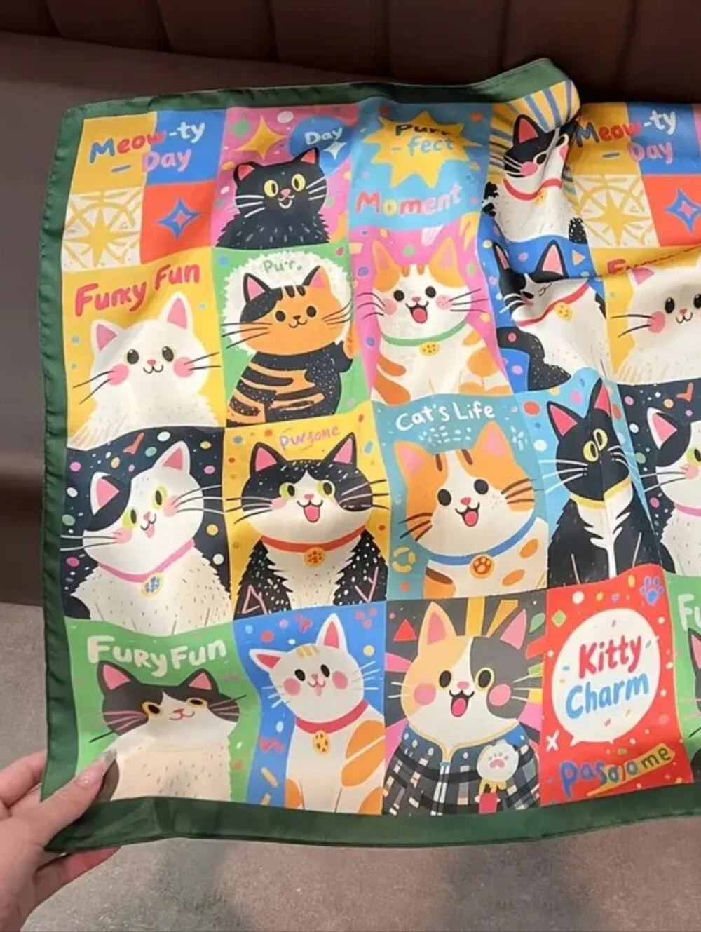 Silk-feel Cute Kitty Charm Cats Print Green Border Head Scarf , Neck Scarf